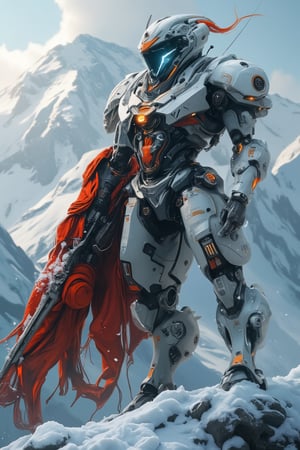 Snow-capped mountainside at dusk, the red samurai mecha WARRIOR stands vigilant, cybershawl flowing like a crimson river down its back. Predominantly white and gray, with orange accents and mechanical details, the robot's visor glows bright blue, two piercing eyes staring out into the winter wonderland. Multiple gadgets adorn its chest and arm, including a communication device that pulses softly. Snowflakes cling to its surface, testament to its prolonged stay in this frozen landscape.