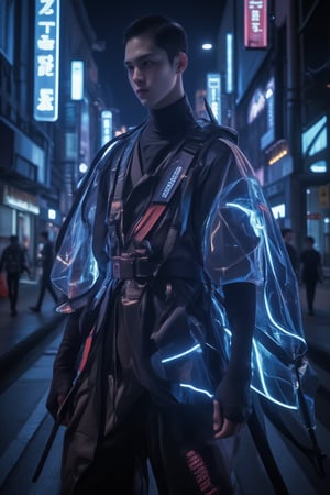 A close-up shot of a young Asian male, dressed in a sleek neon-lit samurai suit, reminiscent of a futuristic Fluxboy. The suit's reflective material glistens under the city's neon lights as he stands confidently against a dark, gritty futuristic urban backdrop, his eyes gleaming with a hint of rebellion. realistic,detailed,sharp focus,high contrast,rule of thirds,depth of perspective,award-winning photo,chiaroscuro lighting