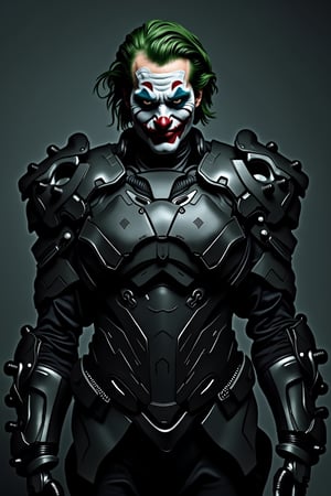 Joker wearing armored suit. Pose in dynamic style with smiles. Dark mode Film scene with cinematic lighting.