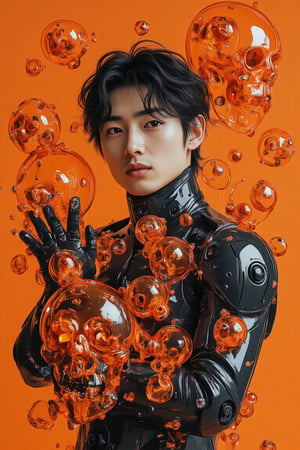 poster of a perfectly hypster orange spacepunk Cyborg asian man hugging and surrounding with huge 3d orange transparent Orenz skull Doodles , in dynamic motion and modeling pose, cinematic style, high resolution, high detail, high quality, high contrast, professional photography, professional lighting, precise details, solid color background, masterpiece, best quality, highres, perfect artwork, best design award winner. hipster style