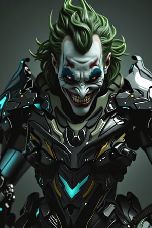 Joker wearing armored suit in darkmoon 2 version. Pose in dynamic fighting style with evil smiles. Dark mode Film scene with cinematic lighting.