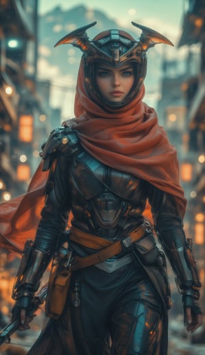 Niji-style anime illustration in a dynamic, high-energy scene, inspired by the action-packed Jujutsu Kaisen  anime style : Close up,upper body shot, side profile ,3d render hyper realism, Ray tracing, unreal engine 5, A female samurai wear full hijab and long pashmina, in full armor, wearing a red cape with black patterns, and a crown made of steel and skulls. She is holding a large mechanical scythe, set against a dark fantasy background with smoke surrounding her. Character design in the style of Yoji Shinkawa, with a final boss concept art feel
.,NijiXmiya,Midjourney_Whisper,cybershawl,Action pose,Film style