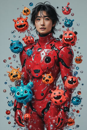 A full-body shot , perspective angle of an attractive young Cyborg doodle head wear red battle mecha armour, surrounded by 3d doodle of cute monsters in the style of Doodleoo, bubbles and splash water with vibrant colors, high resolution, high detail, high quality, high contrast, professional photography, professional lighting, precise details, solid color background, masterpiece, best quality, highres, perfect artwork, best design award winner