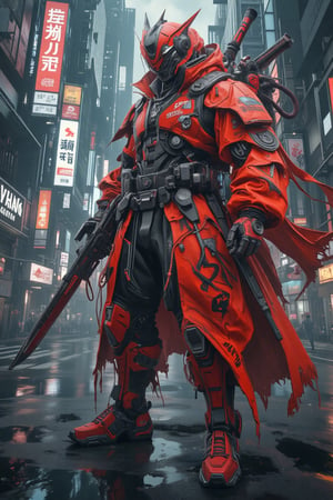 Perspective view angle with anamorphic lens. Comic art character blended with realistic background. Anime Character of red samurai mecha Cyberpunk in dynamic action style, wearing grey red cyber  mecha armour,standing in heroic style with realistic Film style , neon citypunk background.,Niji_JENGLORD_FLUX_LORA_Cry Engine