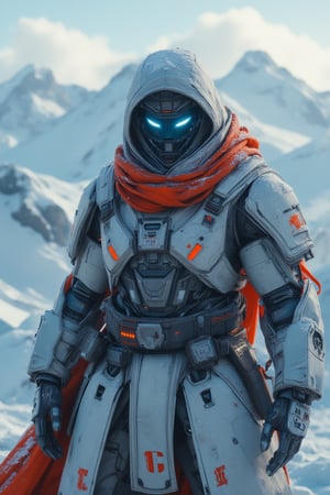 Snow-capped mountainside at dusk, the red samurai WARRIOR stands vigilant, cybershawl flowing like a crimson river down its back. Predominantly white and gray, with orange accents and mechanical details, the robot's visor glows bright blue, two piercing eyes staring out into the winter wonderland. Multiple gadgets adorn its chest and arm, including a communication device that pulses softly. Snowflakes cling to its surface, testament to its prolonged stay in this frozen landscape.