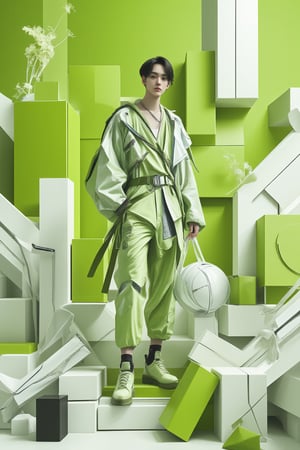 create poster 3d anime background design,  hipster, yellow+green+white variant colors, free style, one young hipster man Fluxboys posing at the center with white green neon cyberpunk fashion outfit