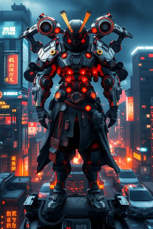 3d Hyper realistic and cinematic.A gritty metropolis sprawls before a towering figure: a cybernetic samurai clad in worn leather and metallic armor, their bionic skin glistening in the neon-drenched night air. Mecha Wing-like prosthetics sprout from their shoulders, reflecting the city's vibrant lights as they stand heroically, one foot planted firmly on the rooftop's edge, the other raised in defiance. Niji style 