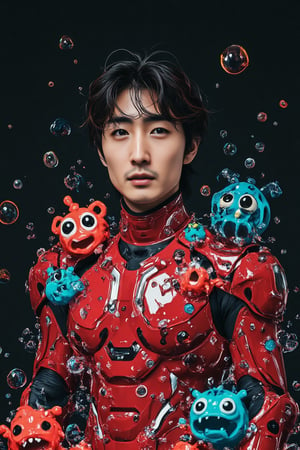 A full-body shot , perspective angle of an attractive young Cyborg Korean man wear red mecha armour, surrounded by 3d doodle of cute monsters in the style of Doodleoo, bubbles and splash water against a black background with vibrant colors, high resolution, high detail, high quality, high contrast, professional photography, professional lighting, precise details, solid color background, masterpiece, best quality, highres, perfect artwork, best design award winner