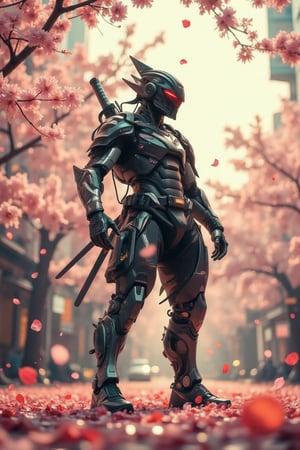 Photography image, film epic scene .A cyberpunk black mecha samurai stands triumphantly amidst a haze of cherry blossom petals, standing in dynamic action pose. Framed from a low angle, the camera captures his powerful stance, emphasizing his imposing figure against the serene landscape. The warm glow of sunlight casts long shadows behind him, as petals swirl in a gentle dance around his mighty form.,Film style,citypunk