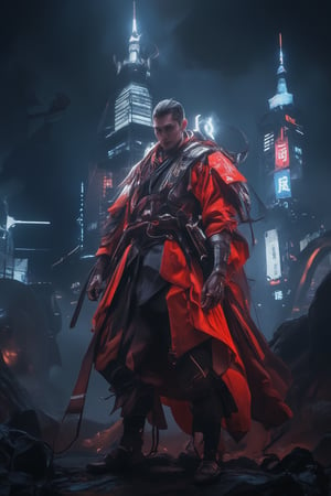 A dramatic image unfolds: a lone red-clad samurai stands in a darkened cityscape, illuminated only by the vibrant neon lights of towering skyscrapers. He wears the battle Exmehapolyhan83 armor suit, its metallic surface reflecting the colorful hues like a mirror. The samurai's intense gaze pierces through the shadows as he surveys his surroundings, his crimson attire and glowing armor a striking contrast to the urban landscape.