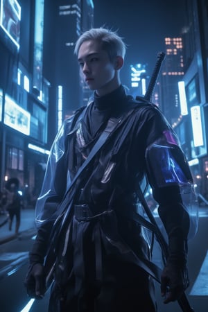 A striking close-up shot frames Fluxboy's angular face against a dark cityscape backdrop, where neon hues dance across his sleek, silver hair styled in an avant-garde mess. His reflective jumpsuit accentuates his lean physique as he confidently poses, one hand resting on the hilt of a futuristic sword. The cyberpunk-inspired architecture looms in the distance, with holographic advertisements flickering like fireflies against the sharp contrast of the dark cityscape. realistic,detailed,sharp focus,high contrast,rule of thirds,depth of perspective,award-winning photo,chiaroscuro lighting