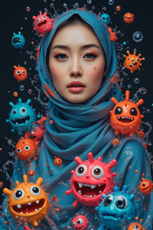 poster of a perfectly beautiful futuristic long hijab cybershawl princess of wearing pashmina,  in dynamic modeling pose, she’s surrounded by 3d doodle of cute monsters in the style of Doodleoo, bubbles and splash water against a black background with vibrant colors, high resolution, high detail, high quality, high contrast, professional photography, professional lighting, precise details, solid color background, masterpiece, best quality, highres, perfect artwork, best design award winner. hipster style