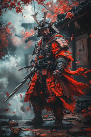 A close-up shot of a red samurai warrior, standing in heroic style , amidst a backdrop of swirling cherry blossom petals and smoke. Harsh sunlight casts long shadows across the worn stone ground, highlighting the subject's determined expression and the sharp lines of their armor. The surrounding environment is blurred, focusing attention solely on the intense battle stance.,dark and orange.