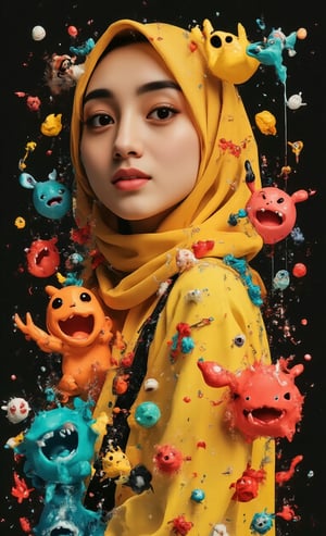 poster full-body shot , perspective angle of an attractive young hipster  Hijab girl wearing a long hijab , cute pikachu mascot outfit , surrounded by 3d Doodles of cute monsters in the style of Doodleoos, against a black background with vibrant colors, high resolution, high detail, high quality, high contrast, professional photography, professional lighting, precise details, solid color background, masterpiece, best quality, highres, perfect artwork, best design award winner