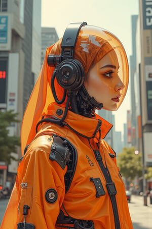 Comic art style. A full-body shot of an anime character in streetwear, with a realistic cyberpunk city background, a detailed illustration in the style of Atey Ghailan and Mary Blair, featuring vibrant colors, clean lines, and sharp details of A cyberpunk  hijabis girl wear orange transparent glass helmet armour suit Orenz style, with long hijab and pashmina. she wear mecha armour , featuring black wires and tubes on its body, in profile view. the cyberpunk in dynamic action pose style.The style is futuristic sci-fi art with elements of dark gray and light bronze, showcasing hyper-realistic details. It has an illustrative quality to it with an emphasis on the character's head being transparent. This design incorporates elements from retro-futurism and neo-porcelain style. n dynamic modeling pose, cinematic style, high resolution, high detail, high quality, high contrast, professional photography, professional lighting, precise details, solid color background, masterpiece, best quality, highres, perfect artwork, best design award winner. hipster style,punk style