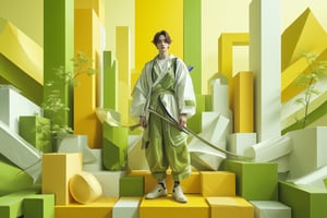 create poster 3d anime background design,  hipster, yellow+green+white variant colors, free style, one young hipster man Fluxboys posing at the center with fashion style neon samurai