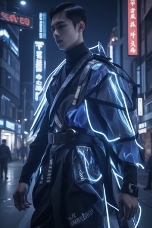 A close-up shot of a young Asian male, dressed in a sleek neon-lit samurai suit, with exmechapolyhan83armour, reminiscent of a futuristic Fluxboy. The suit's reflective material glistens under the city's neon lights as he stands confidently against a dark, gritty futuristic urban backdrop, his eyes gleaming with a hint of rebellion. realistic,detailed,sharp focus,high contrast,rule of thirds,depth of perspective,award-winning photo,chiaroscuro lighting