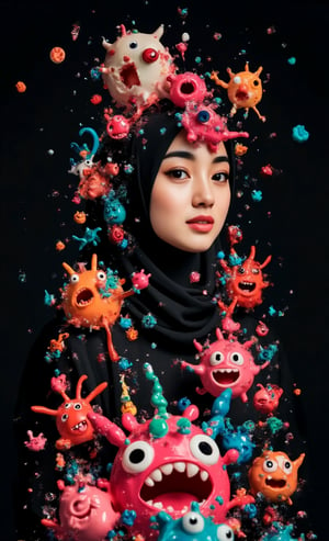 poster full-body shot , perspective angle of an attractive young hipster  Hijab girl wearing a long hijab , cute outfit , surrounded by 3d Doodles of cute monsters in the style of Doodleoos, against a black background with vibrant colors, high resolution, high detail, high quality, high contrast, professional photography, professional lighting, precise details, solid color background, masterpiece, best quality, highres, perfect artwork, best design award winner