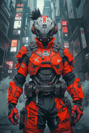 Perspective view angle with anamorphic lens. Comic art character blended with realistic background. Anime Character of red samurai mecha Cyberpunk in dynamic action style, wearing grey red cyber  mecha armour,standing in heroic style with realistic Film style , neon citypunk background.
