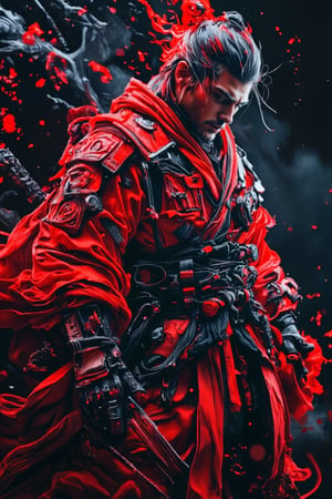 The cyberpunk red samurai rises from the vortex , the blens with vortex. Pose in dynamic fighting style . Dark mode Film scene with cinematic lighting.