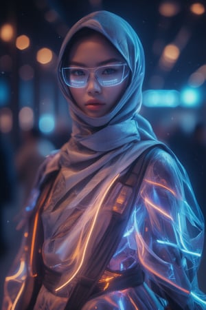 A stunning young Malay woman, adorned in traditionalstyleXthejaa, wear futuristic cybershawl with pashmina, and cyberpunk neon eye glasses. Amidst this cultural fusion, she sports a futuristic neon ensemble, its loose folds flowing like aurora hues. Framed by the rule of thirds, her pose is captivating, set against a high-contrast background where depth of perspective converges. The chiaroscuro lighting accentuates her features, as if illuminated from within. This award-winning photograph exudes an air of avant-garde elegance, marrying heritage with innovation.