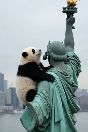 A panda climbing up the Statue of Liberty's shoulder, city skyline in the background. Muted color palette with gray textures of the statue and overcast sky. Panda's sleek black and white fur contrasts with the statue, clinging with effort and focus, eyes looking towards the torch. Intimate shot capturing the panda's posture and facial expression, evoking themes of nature, wildlife perseverance, and the beauty of the natural world.