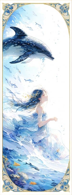 Title: "Whispers of the Celestial Sea"

Subtitle: "A Dreamer's Journey"

In the realm of fantastical artistry, a spellbinding tableau unfolds with the presence of a majestic flying humpback whale soaring gracefully through the skies above. The ethereal creature moves with a sense of serene majesty, its form a symphony of elegance against the canvas of the heavens. Below, a dreamy girl lies in peaceful slumber on a bed adorned with intricate patterns, her imagination taking flight alongside the celestial whale.

As the flying humpback whale glides effortlessly, it is accompanied by a vibrant school of tropical fish that dance in harmony, their scales shimmering like precious jewels in the sunlight. The underwater companions move with synchronized grace, their colors blending and shifting in a mesmerizing display of aquatic ballet. The dreamer, lost in her reverie, seems to share a connection with the creatures, her dreams intertwining with the whimsical scene unfolding around her.

A soft, enchanting light emanates from a mystical lamp nearby, casting a warm and gentle glow that bathes the room in a lullaby of radiance. The dreamer's face is serene, her features reflecting the tranquility of her slumber as she embarks on a journey through the realms of imagination. The combination of the dreamer's innocence and the dynamic movement of the celestial whale and tropical fish creates a harmonious blend of peace and wonder, inviting the viewer to join in the dreamer's mystical voyage.

The fantastical setting, with its flying humpback whale, tropical companions, dreamy girl, and illuminated lamp, forms a tapestry of fantasy and reality woven together in a delicate dance. The juxtaposition of the dreamer's innocence with the majestic presence of the celestial creatures creates a sense of magic and awe, drawing the viewer into a world where dreams take flight and the boundaries between the ordinary and the extraordinary blur.

Authored by kyo8sai, this magnificent creation stands as a testament to the artist's creative prowess and was brought to life on 2024-09-18.The painting is signed 'kyo8sai' on the edge.

In this enchanting tale of the celestial sea's whispers, the dreamer's journey with the flying humpback whale and tropical fish unfolds like a lyrical fantasy, weaving a narrative of sweetness and happiness that captivates the heart and imagination of all who gaze upon this mesmerizing creation.

Framed within an ornate, lacquerwork box adorned with intricate floral patterns she  seem to be one with the artistry. 
