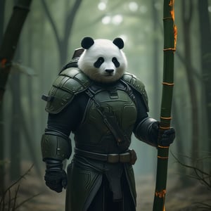 A close-up of an anthropomorphic panda, wearing high-tech armor walking in a bamboo forest, holding a green bamboo pole in his right hand (the bamboo pole emits a faint glow). The picture perfectly shows its fine hair, the bamboo forest in the distance is blurred, the Tyndall effect, the soft light, a masterpiece, high resolution, high resolution, the whole picture gives people a sense of tranquility.