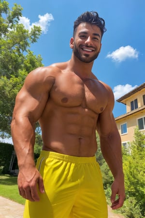 sporty male
bodybuilder 
real photo
beautiful muscle
real hair
((real male))
real skin
handsome face
small head
The photo reaches halfway to the thigh
male model 
((bright scene))
((bright body))
Focus on the model
(skin texture)(natural skin tone)(high-definition skin)(photo-realistic skin )(professional photograph)(high-definition photo)
photography, masterpiece, best quality, 8K, HDR, highres, 

no shadow
solo, looking at viewer, smile, black hair, 1boy, upper body, male focus, outdoors, sky, teeth, day, cloud, grin
HD, tree, blue sky, window, facial hair, building, city, realistic
HD