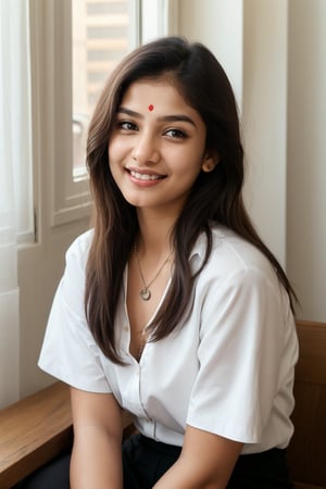 1girl, solo, long hair, looking at viewer, smile, brown hair, shirt, black hair, brown eyes, sitting, upper body, short sleeves, necklace, blurry, lips, black shirt, in room background, facial mark, forehead mark, realisti age 20+ white skin colour indian girl realistic look