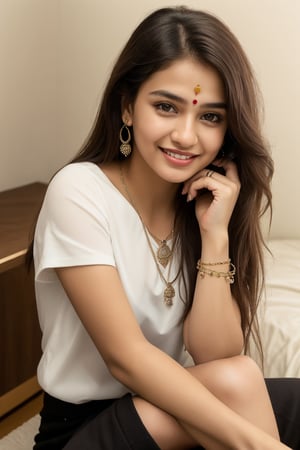 1girl, solo, long hair, looking at viewer, smile, brown hair, shirt, black hair, brown eyes, jewelry, sitting, upper body, short sleeves, necklace, blurry, lips, black shirt, in room background, facial mark, forehead mark, realisti age 20+ white skin colour indian girl realistic look