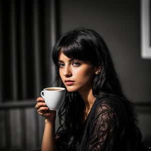 Best work, (Best quality, ,HDR, 8k, 32k, raw photo, photorealistic, UHD:1.2), beautiful 20 year old girl in long black dress at the lakeside in a home, eyes black, black hair, detailed face, perfect face in home drink coffee. indian realistic and confident girl.