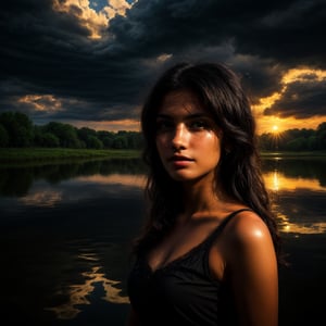 Best work, (Best quality, ,HDR, 8k, 32k, raw photo, photorealistic, UHD:1.2), beautiful 20 year old girl in long black dress at the lakeside in a home, eyes black, black hair, detailed face, perfect face, pond, dark sky, lights in the background, realism, red sky, detailed sky, realistic clouds, sun, bright environment, late afternoon, sun rays in the clouds. indian realistic and confident girl.