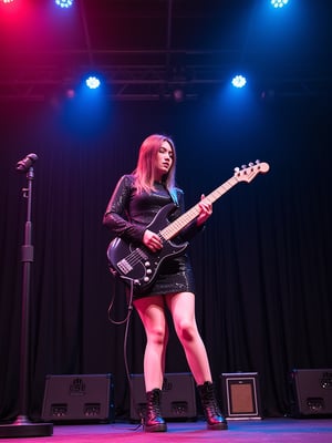 A young japanese woman A female performer on a stage, holding a shiny black electric guitar. She is wearing an ultra-mini glossy transparent see thought latex dress and has a microphone in front of her. The background displays a vibrant stage environment, including black curtains, speaker towers and light cans., photo, wildlife photography, portrait photography