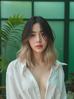 A photo of a 22-year-old thai woman with half-Korean heritage.openm shirt . She selfie. The photo was taken on film using flash photography. The background is green  glasshouse. The lighting is professional.ฺBANG HAIR, BLONDE FADE black hair,take off cloth