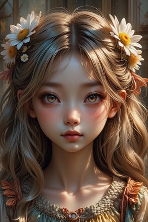 solo, looking at viewer, Score_9, Score_8_up, Score_7_up, intricate, ((expressionless)), vibrant, empty_eyes, behance work, vibrant color, High quality, 8k hd, best quality, detailed skin texture, Realistic face, long wavy hair, hyper realistic, complicated, 8k ultra hd, high resolution, high definition, excellent quality, stunning image, cinematic lightning, volumetric lighting,detail quality Enhancer, 1girl, daisy garden theme,