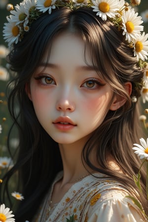 solo, looking at viewer, Score_9, Score_8_up, Score_7_up, intricate, ((expressionless)), vibrant, empty_eyes, behance work, vibrant color, High quality, 8k hd, best quality, detailed skin texture, Realistic face, long wavy hair, hyper realistic, complicated, 8k ultra hd, high resolution, high definition, excellent quality, stunning image, cinematic lightning, volumetric lighting,detail quality Enhancer, 1girl, daisy garden theme,