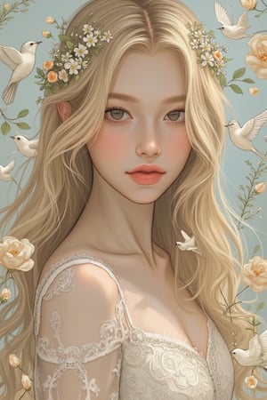 a beautiful young woman, long blonde hair, pale soft skin,lace dress, soft colors, background with birds and flowers, intricate details,shading lineart, shading, lineart, 2.5D, illustration, portrait, closeup, Score_9, Score_8_up, Score_7_up, behance work, intricate, vibrant color, High quality, 8k hd, best quality, detailed skin texture, complicated, 8k ultra hd, high resolution, high definition, excellent quality, stunning image, volumetric lighting, detail quality Enhancer,