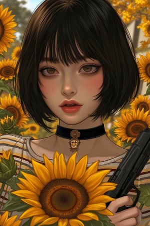 a beautiful young woman, matilda from leon the professional, bob short dark brown hair, pale soft skin,warm tone colors stripes crop tee, velvet black choker with sun liontin, hold gun , autumn colors, sunflower, background vintage house autumn, intricate details,shading lineart, shading, lineart, 2.5D, illustration, portrait, closeup, Score_9, Score_8_up, Score_7_up, behance work, intricate, vibrant color, High quality, 8k hd, best quality, detailed skin texture, complicated, 8k ultra hd, high resolution, high definition, excellent quality, stunning image, volumetric lighting, detail quality Enhancer,