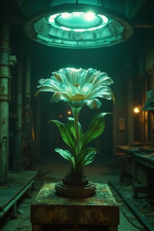 In a dimly lit, abandoned laboratory, an extraterrestrial flower blooms on a rusty metallic pedestal. Its petals shimmer with iridescent hues of green and blue, surrounded by a halo of soft, pulsing light. The stem appears to be made of translucent, gelatinous material, swaying gently in an unseen breeze.