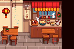 A warm and cozy ramen shop interior in detailed pixel art style. Wooden tables and chairs are neatly arranged, with a small counter and stools near the kitchen area. Steaming bowls of ramen sit on the tables, with chopsticks and condiments nearby. The shop is softly lit by hanging lanterns, casting a warm glow over the room. A window shows a view of a quiet street outside, with rain gently falling. The overall atmosphere is inviting, intimate, and comforting, with rich colors and subtle shading typical of classic pixel art, pixelartsd3