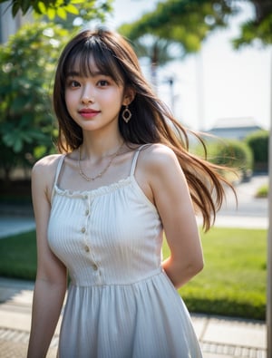 (16k, RAW photo:1.2), best quality, high res, masterpiece, hyper realistic, ultra detailed face, a pretty girl, captivating glaze, walking position, aesthetic, beautiful, hair with bangs, bokeh, a little smile, cowboy shot, sundress, fashionable necklace and earrings,chinatsumura