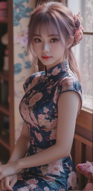 Cheongsam with side slits, hairpin, lovely girl, captivating glaze at viewer, full body, hourglass figure, beautiful legs, aesthetic, light purple hair with bangs, a little smile, Volumetric Lighting, earrings,Midjourney v6