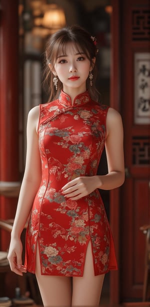 Cheongsam with high slits, hairpin, lovely girl, captivating glaze at viewer, full body, hourglass figure, beautiful legs, photorealism, aesthetic, hair with bangs, a little smile, Volumetric Lighting, earrings,Midjourney v6