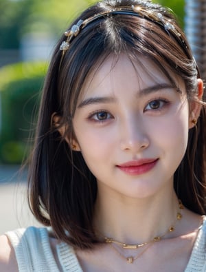 (16k, RAW photo:1.2), best quality, high res, masterpiece, hyper realistic, ultra detailed face, a pretty girl, captivating glaze, enchanting eyes, aesthetic, beautiful, hair with bangs, face glowed with beauty, hairband, bokeh, a little smile, Close Shot, close up of face, fashionable necklace and earrings,chinatsumura