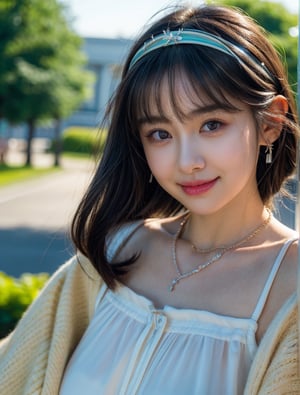 (16k, RAW photo:1.2), best quality, high res, masterpiece, hyper realistic, ultra detailed face, a pretty girl, captivating glaze, enchanting eyes, aesthetic, beautiful, hair with bangs, face glowed with beauty, hairband, bokeh, a little smile, Close Shot, close up of face, fashionable necklace and earrings,chinatsumura