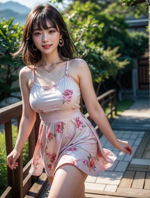 (8k, RAW photo:1.2), best quality, high res, masterpiece, hyper realistic, ultra detailed face, a pretty Japanese girl, sundress, bokeh, captivating glaze, aesthetic, beautiful, walking position , hair with bangs, knee Shot, plain necklace and earrings, smile