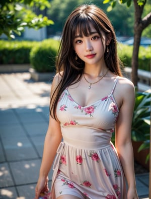 (8k, RAW photo:1.2), best quality, high res, masterpiece, hyper realistic, ultra detailed face, a pretty Japanese girl, sundress, bokeh, captivating glaze, aesthetic, beautiful, walking position , hair with bangs, knee Shot, plain necklace and earrings, smile