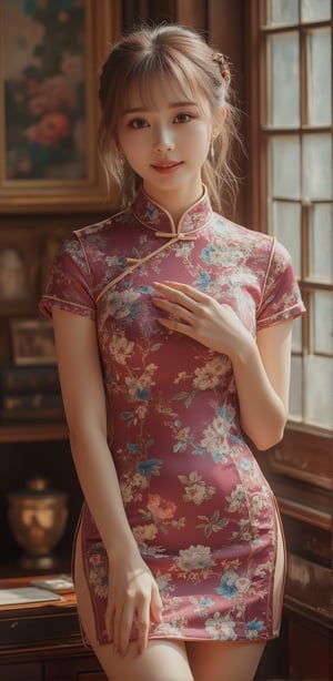 Cheongsam with side slits, hairpin, lovely girl, captivating glaze at viewer, full body, hourglass figure, beautiful legs, aesthetic, light purple hair with bangs, a little smile, Volumetric Lighting, earrings,Midjourney v6