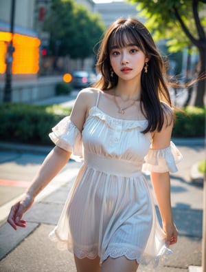 (16k, RAW photo:1.2), best quality, high res, masterpiece, hyper realistic, ultra detailed face, a pretty girl, captivating glaze, walking position, aesthetic, beautiful, hair with bangs, bokeh, a little smile, cowboy shot, sundress, fashionable necklace and earrings,chinatsumura